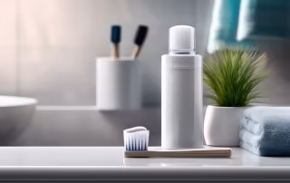 toothbrush with toothpaste and mouthwash